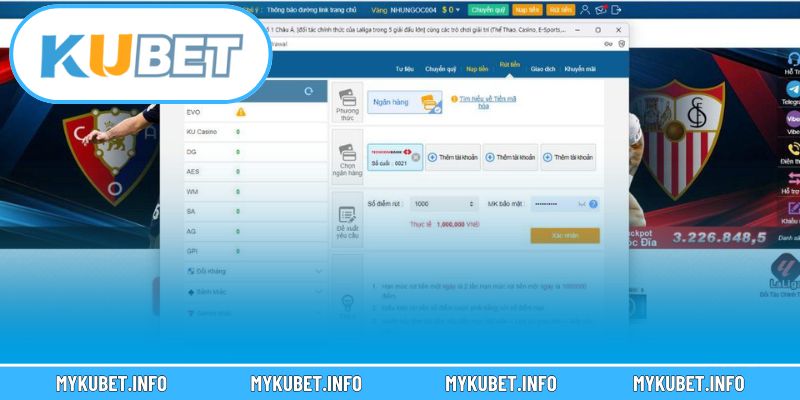 Minh họa giao diện rút tiền Kubet
